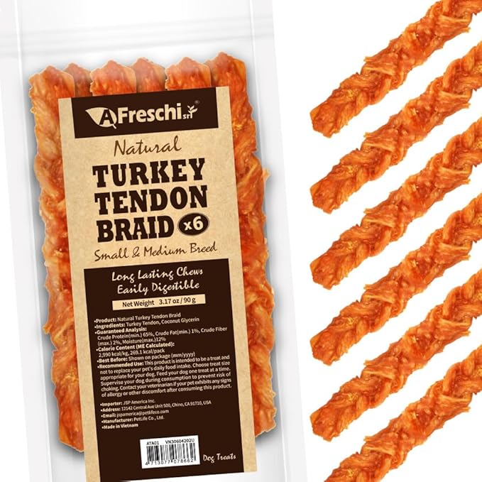Afreschi Turkey Tendon Braid (M) 3.17 oz, USA-Sourced Turkey Tendon, All Natural Human Grade Dog Chew, Hypoallergenic, Rawhide Alternative, Dog Treats for Small & Medium Breeds-PurrikoPets