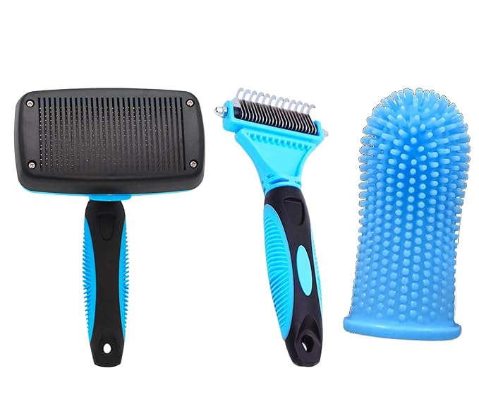 3-in 1 Dog & Cat Grooming Supplies- Self-cleaning Slicker Brush, Deshedding Rake Comb, And Finger Toothbrush For Dogs & Cats | Perfect For Pet Grooming Kit, Dematting And Dental Tool (blue)-PurrikoPets