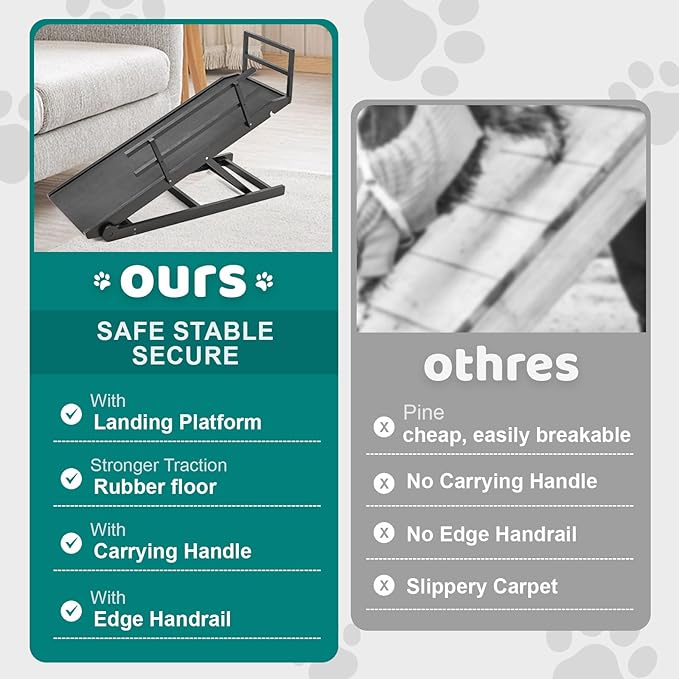 Dog Ramp for Bed, Adjustable Pet Ramps for Dog to Get on Bed, Non-Slip Rubber Surface - Folding Wooden Dog Ramp for Small/Large/Old Dogs, Adjustable up to 23.5 inch High Beds, Safety Railings-PurrikoPets