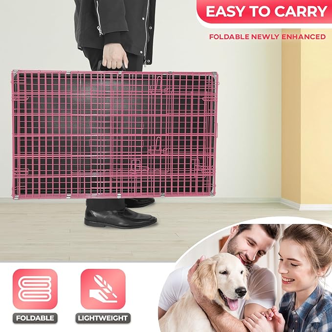 FDW Dog Crate for Large Dogs 48 Inch Folding Metal WirePet Cage Double Door W/Divider Panel Indoor Outdoor Kennel Leak-Proof Plastic Tray,Pink-PurrikoPets