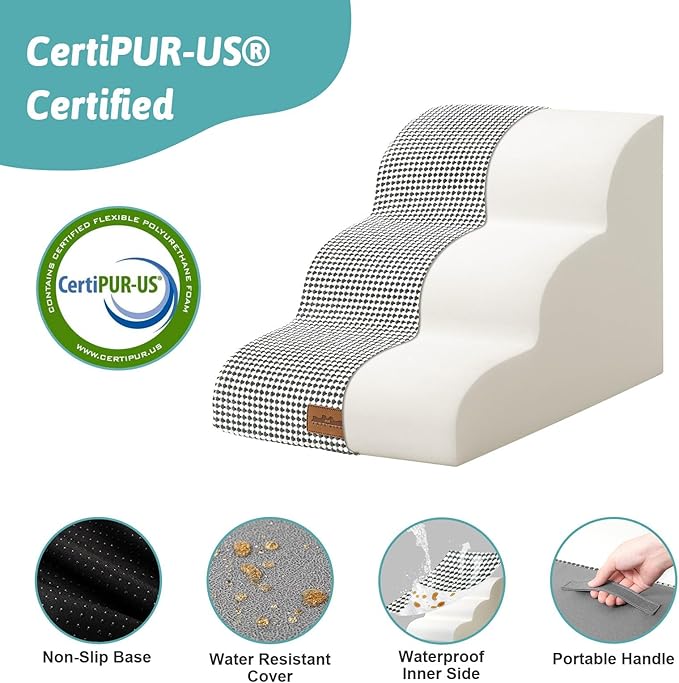 Dog Stairs for Small Dogs 15.7" H, Curved Dog Step for Puppy, Older Cat, Medium Pet Ramp for Sofa, Couch or Chair, Ladder with High Density Foam, 15.7x22.4x15.7 inch, 3 Step, White Black-PurrikoPets
