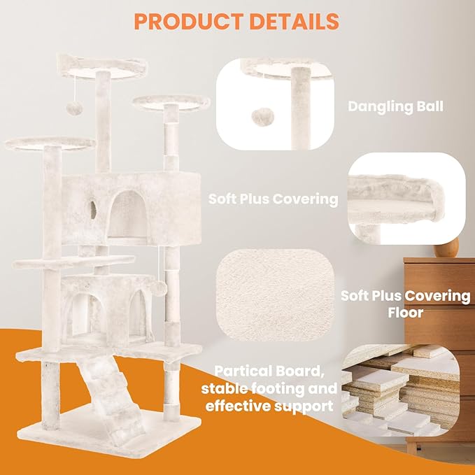 54.7 inches Cat Tower for Indoor Cats, Multi-Level Cat Condos with Scratching Posts, Hanging Toys, Beige-PurrikoPets