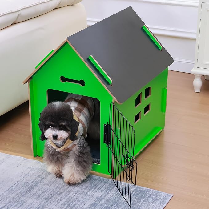 Dog House Indoor for Small Dogs or Cats, Cozy Wooden Design, Small Indoor Bed House, with Air Vents and Elevated Floor Warm Dog Cave (Green)-PurrikoPets
