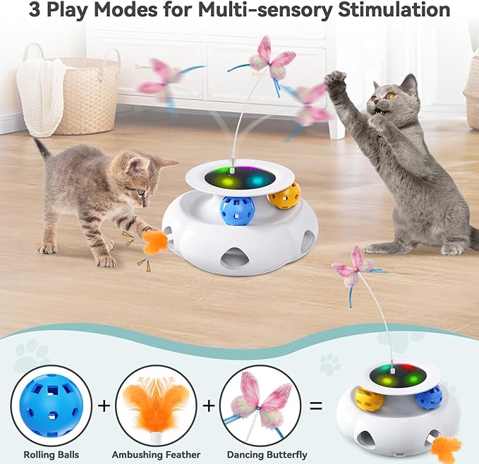 3in1 Interactive Cat Toys Moving Ambush Feather, Spinning Butterfly, Track Balls, Rechargeable Automatic Activated Kitten Toys for Indoor Cats, Cat Feather Toy for All Breeds-PurrikoPets