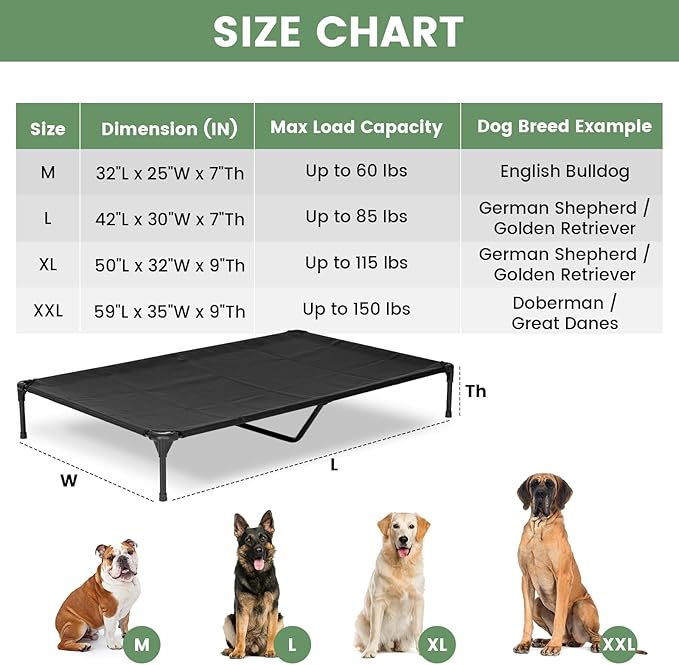 Elevated Dog Bed for Outdoor, XL Raised Dog Cot with Washable Mesh, Cooling Pet Cot Chew Proof for Outside Camping, 49"x33" Black-PurrikoPets