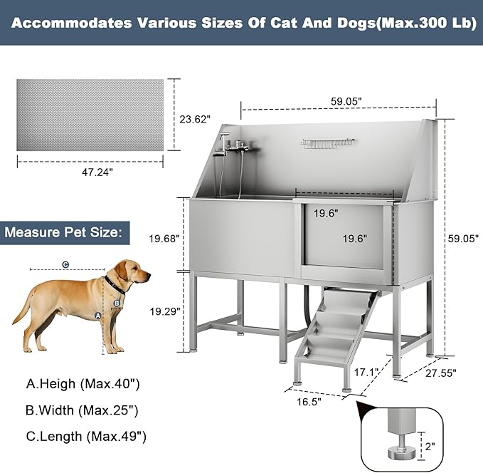 62" Professional Stainless Steel Dog Bathing Station, Large Dog Washing Station W/Dog Bath Brush, Washing Gloves, Floor Grate, Dog and Cat Bath Tub, Dog Washing Sink (62 Inch Right Door)-PurrikoPets