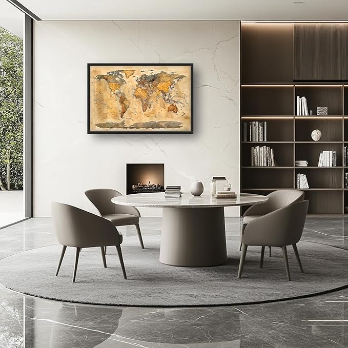 Extra Large World Map Framed Wall Art for Living Room,Oversized Vintage Map of The World Pictures Wall Decor,Canvas Print Painting Modern Artwork Bedroom Office Bathroom 36L" x 24W"-PurrikoPets