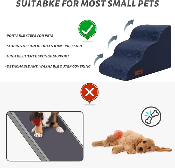 Dog Stairs and Steps for Beds Or Couches, 3-Step Pet Stairs & Steps for Small Dogs and Cats, Soft and Non-Slip Dog Ramp for Older Dogs,Pet with Joint Pain,Easy to Walk-PurrikoPets