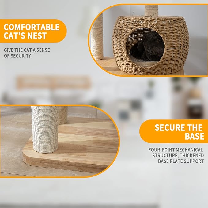 59" Big Modern Cat Tree Tower, Cat Tower Sisal-Covered Scratching Posts for Indoor Cats, Oak Wood Cat Tree for Large Cats, Multi-Level Cat Condo with Space Capsule Nest, Cat Furniture Activity Centre-PurrikoPets