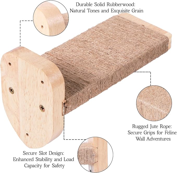3pcs Cat Wall Steps, Climbing Mounted Furniture, Shelves With Hemp Rope Covered, Solid Wood Ladder for Playing and Climbing (Large-Wood)-PurrikoPets