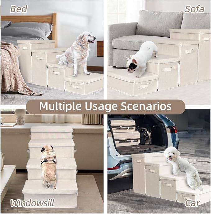 Dog Stairs with Storage, 4-Step Folding Pet Steps for Small Dogs and Cats, Pet Steps Storage with Zip, Pet Stairs for High Bed, Couch and Car Ramp (Beige, 4 Steps no Condo)-PurrikoPets