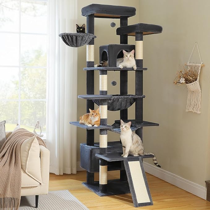 81 Inch Tall Cat Tree for Big Cats & Multi-Cat Homes, Large Heavy Duty Cat Tower with Metal Frame Hammock, 6 Scratching Posts, 2 Condos, 2 Perches, Scratching Pad - Dark Grey-PurrikoPets