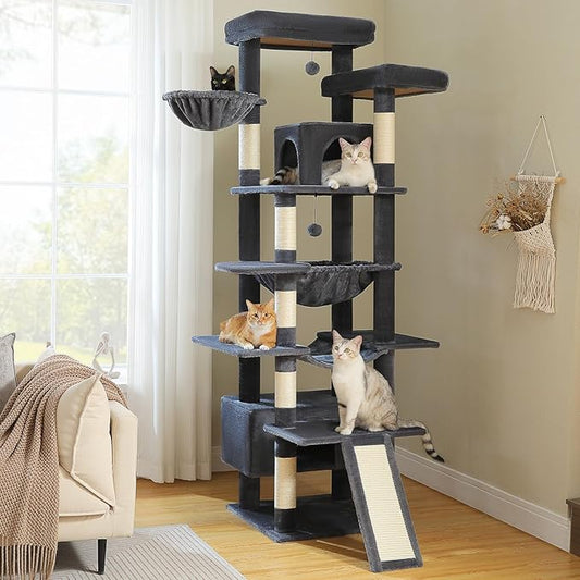 81 Inch Tall Cat Tree for Big Cats & Multi-Cat Homes, Large Heavy Duty Cat Tower with Metal Frame Hammock, 6 Scratching Posts, 2 Condos, 2 Perches, Scratching Pad - Dark Grey-PurrikoPets