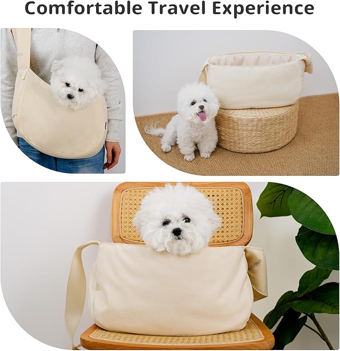 Dog Sling Carrier for Small Dogs and Cats, Lightweight Collapsible Pet Travel Bag with Adjustable Strap, Side Pockets & Breathable Mesh (Beige, 15.7" L x 5.9" W x 8.6" H)-PurrikoPets