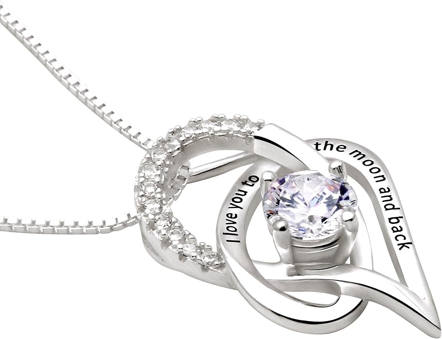 ALOV Jewelry Sterling Silver "I Love You To The Moon and Back" Love Heart Cubic Zirconia Pendant Necklace