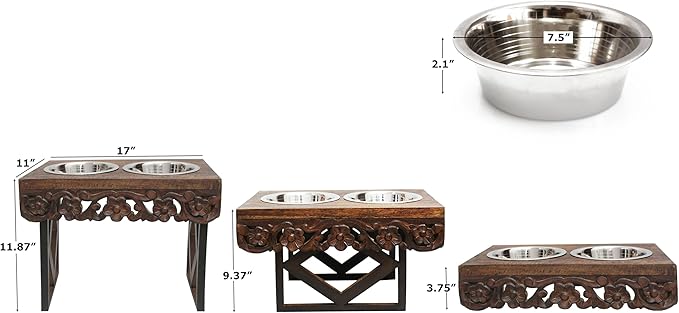 Elevated Pet Feeder for Dogs and Cats - The Bali Carved Wood Pet Feeding Stand with Two Stainless Steel Bowls - Three Heights Adjustable Raised Dog Bowl - Food Water Pet Feeding Station - IRONGATE-PurrikoPets