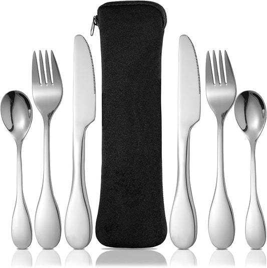 7 Pieces Bariatric Eating Portion Control Flatware Bariatric Management Silverware Serving Spoons Forks Knives Stainless Steel Weight Loss Utensils with Fabric Storage Bag-PurrikoPets