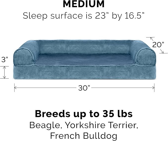 Furhaven Cooling Gel Dog Bed for Medium/Small Dogs w/ Removable Bolsters & Washable Cover, For Dogs Up to 35 lbs - Faux Fur & Velvet Sofa - Harbor Blue, Medium-PurrikoPets
