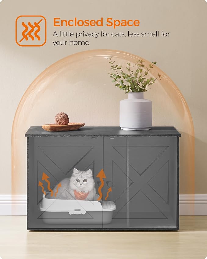 Feandrea Cat Litter Box Enclosure, Litter Box Furniture Hidden with Removable Divider, Indoor Cat House, End Table, 31.5 x 20.9 x 19.7 Inches, Ink Black UPCL002B01-PurrikoPets