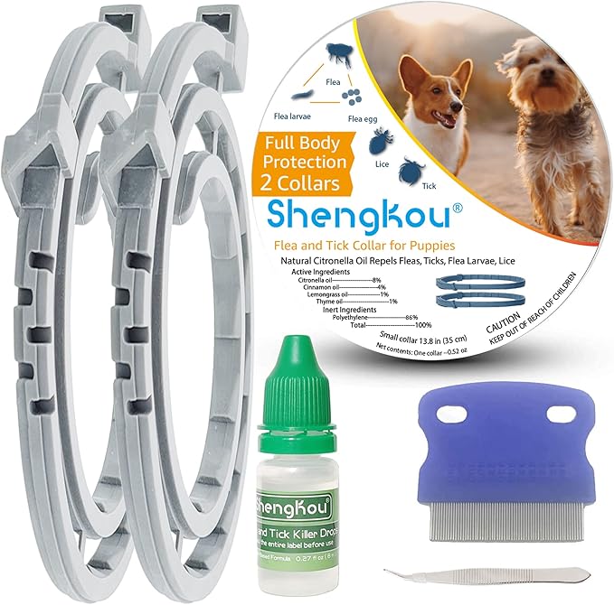 Flea and Tick Collar for Small Dog, Made with Natural Plant Based Essential Oil, Safe and Waterproof, Free Comb and Prevention Treatment Drop, 2x6 Month, 13.8 in (2 Packs)-PurrikoPets
