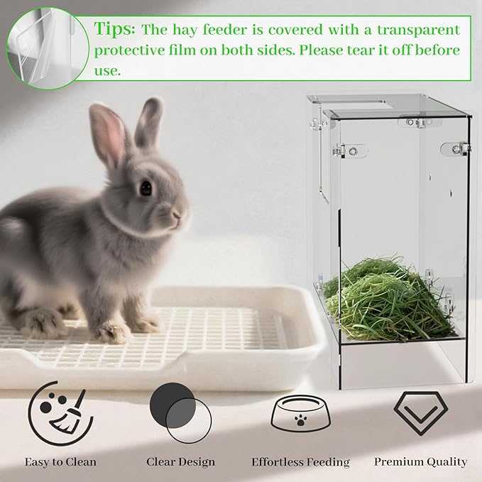 Acrylic Rabbit Hay Feeder with Lid, Transparent Hanging Food Dispenser Hay Feeder for Bunny Rabbits Guinea Pig Cage Chinchillas Hamsters Small Pets and Animals（Medium-PurrikoPets