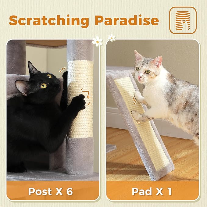 81 Inches Tall Cat Tree for Indoor Cats Large Adult - Heavy Duty Multi-Level Cat Tower with Large Metal Frame Hammock, Scratching Pad, 2 Top Perches, 2 Cozy Condos & 6 Scratching Posts - Gray-PurrikoPets