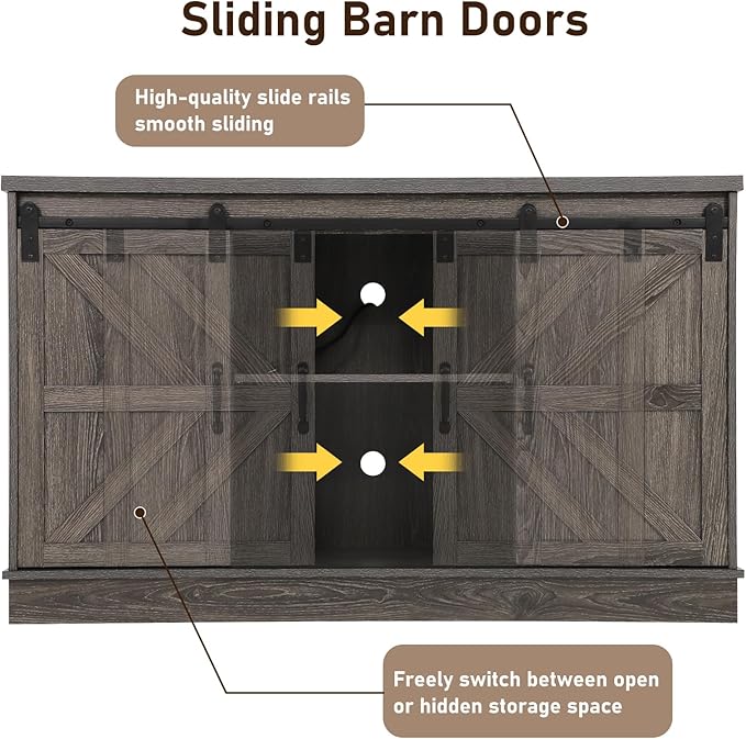 Farmhouse 55-75 Gallon Fish Tank Stand with Power Outlet, Aquarium Stand with Cabinet&Sliding Barn Door, Heavy Duty Reptile Tank Stand for 2 Fish Tank/Turtle Tank/Reptile Terrarium, Grey-PurrikoPets