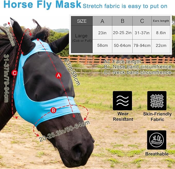 2 Piece Horse Fly Mask with Ears, Comfortable Fit Stretch Fabric Big Eye Space Soft Breathable with UV Protection for Full Horses (Red-Blue)-PurrikoPets