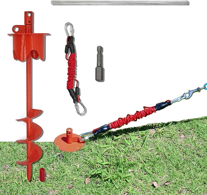 Dog Stakes for Outside Heavy Duty Hold up to 350Lbs Large Dogs Tie Out Tether Leash Chain for Yard Screw in Ground Anchors 17inch with Buffer Rope-PurrikoPets