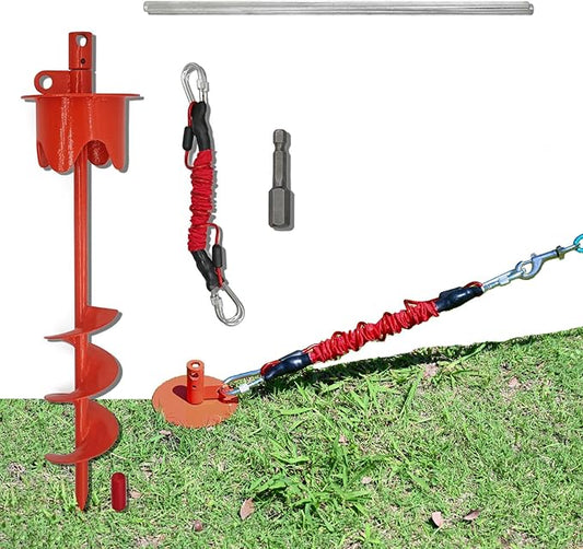Dog Stakes for Outside Heavy Duty Hold up to 350Lbs Large Dogs Tie Out Tether Leash Chain for Yard Screw in Ground Anchors 17inch with Buffer Rope-PurrikoPets