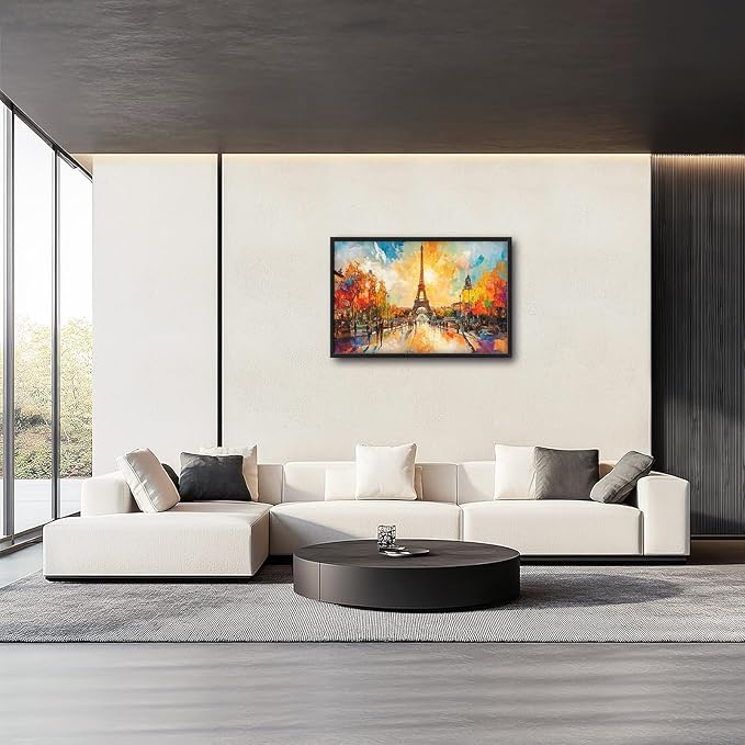 Framed Large Eiffel Tower Wall Art for Living Room, Oversized Paris City Street Landscape Wall Decor, Colorful Sunrise Canvas Painting Modern Artwork for Living Room Bedroom Office 36"x24"-PurrikoPets