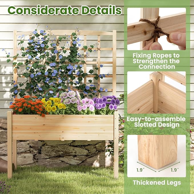 Giantex Raised Garden Bed with Trellis, Wooden Elevated Planter Box with Legs, Drainage Holes for Climbing Plants Vines Vegetables Flowers Herbs, Outdoor Horticulture Planter for Patio Yard (Natural)-PurrikoPets