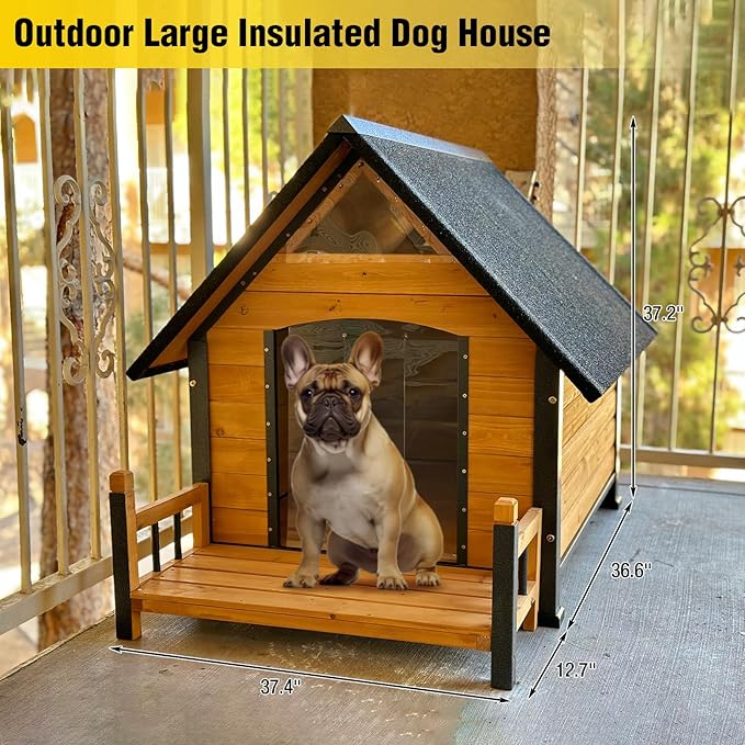 AIVITUVIN Outdoor Dog House with Anti-Chewing Iron Surround Insulated Liner Dog Kennel for Large Breed Dog Shelter Weatherproof (Brown 50.9" D x 37.4" W x 37.2" H)-PurrikoPets