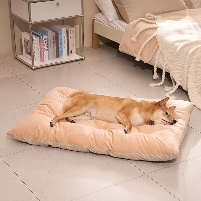 FUNNY FUZZY 2 in 1 Dog Bed Crate Pad Mat, Washable Reversible Pet Floor Mats,Fluffy Kennel Pad for Small Large Sized Dog,Indoor Cats,Sleeping Mattress, 41.7" × 28.3", Beige-PurrikoPets