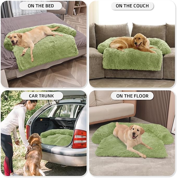 GGIB Calming Dog Bed Fluffy Plush Dog Mat for Furniture Protector with Removable Washable Cover for Large Medium Small Dogs and Cats (Extra Large (53x39.3x6), Grass Green)-PurrikoPets
