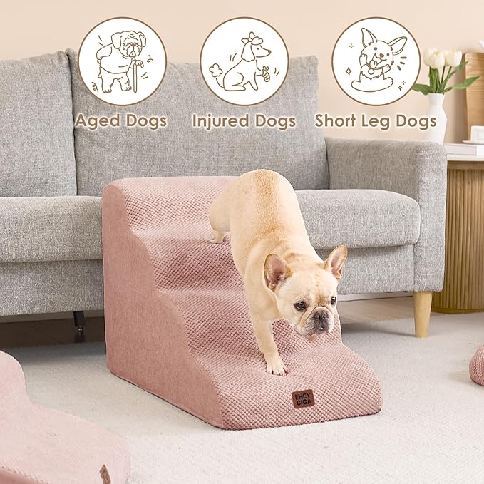 EHEYCIGA Curved Dog Stairs Ramp for High Beds 19.7" H, 4-Step Dog Steps for Small Dogs and Cats, Pet Stairs for High Bed Climbing, Non-Slip Balanced Pet Step Indoor, Dusty Pink-PurrikoPets