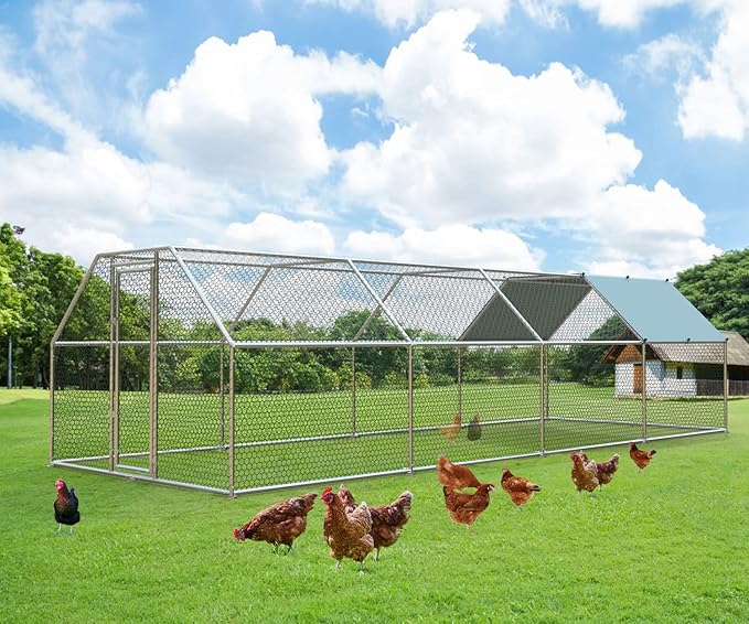 1.26’’ Large Metal Chicken Coop Walk in, Chicken Pen for Chickens, Outdoor Chicken Runs Coops Dog Kennel, Flat Roofed Chicken Runs for Yard with Anti-Ultraviolet Cover (9.2’L x 25’W x 6.4’H)-PurrikoPets