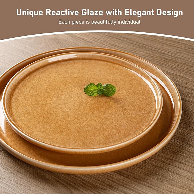 GBHOME Ceramic Dinnerware Sets for 4, 12 Pieces Stoneware Plates and Bowls Sets, Scratch Resistant Dishes, Dishwasher & Microwave Safe, Reactive Glaze-Amber-PurrikoPets