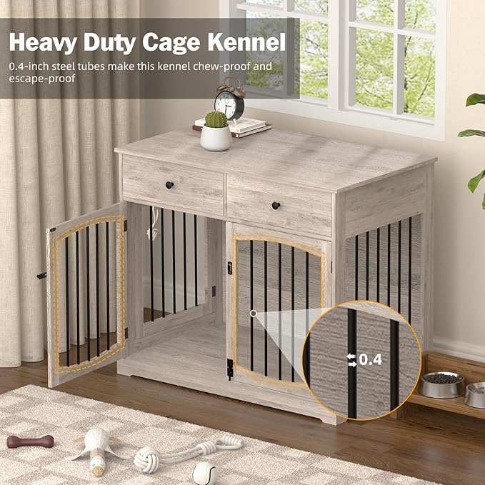 40 Inch Furniture-Style Dog Crate-Multipurpose Wood Pet Crate Furniture with Double Doors,2 Drawers, Decorative Dog House Indoor for Smal/Medium Dogs, Gray Finish-PurrikoPets