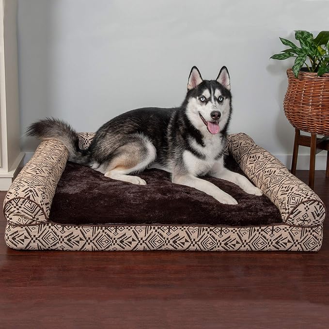 Furhaven Orthopedic Dog Bed for Large Dogs w/ Removable Bolsters & Washable Cover, For Dogs Up to 95 lbs - Plush & Southwest Kilim Woven Decor Sofa - Desert Brown, Jumbo/XL-PurrikoPets