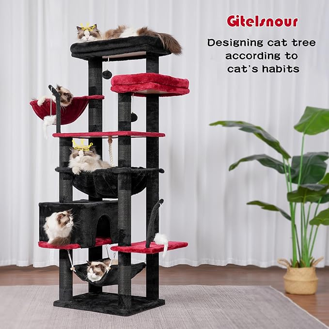 Gothic Cat Tree, Cat Tower for Large Cats with 2 Big Platforms, 2 Baskets, condo and Toys, 63" Cat Scratching Posts for Indoor Cats, Black and red GCT020BR-PurrikoPets