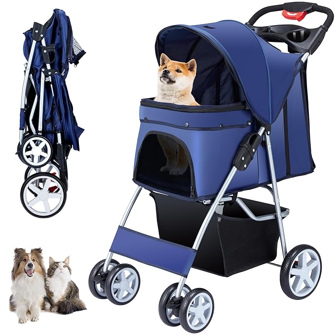 4 Wheels Pet Stroller for Small Medium Dogs Cats 10-33 lbs, Foldable Dog and Cat Stroller with Cup Holder & Storage Basket & Breathable Mesh, Pet Strolling Cart for All-Season, Navy Blue-PurrikoPets