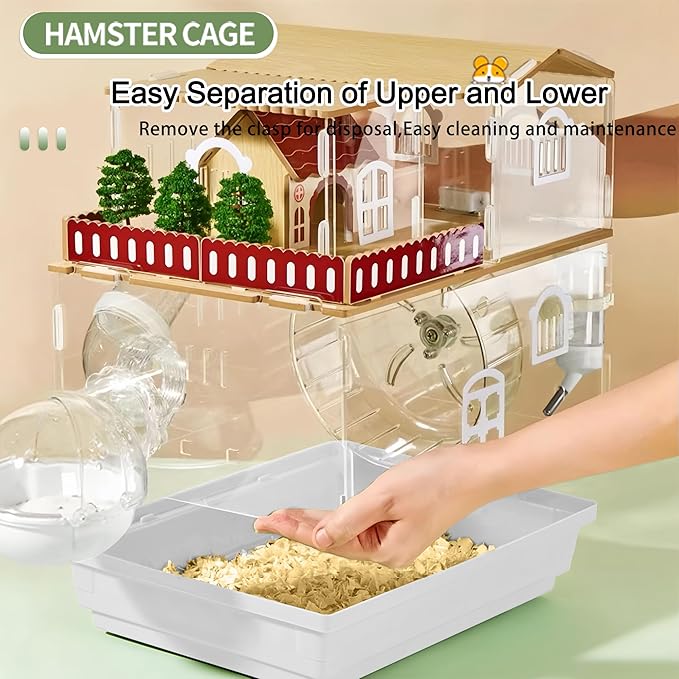 12 in 1 Clear Acrylic Hamster Cage with All Accessories,13.5''L* 10''W* 15''H Dwarf Hamster Cage,Magnetic Connection Small Hamster Enclosure,Garden Style Wooden Mouse Cage for Pet Mice(2-Layer,White)-PurrikoPets