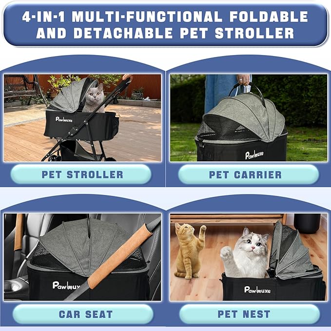 4 Wheels Pet Stroller 4 in 1 Pet Stroller with Detachable Carrier for Small & Medium Dogs Cats up to 55 lbs Easy-Folding Travel Dog Wagon with Car Seat Breathable Mesh,Gray-PurrikoPets