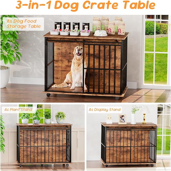 43.7" Dog Crate Furniture, XL Dog Crate Dog Kennel Indoor with Wheels for Large Medium Small Dogs, Wooden Dog Kennel End Table with Sliding Door Wooden Furniture Crates for Living Room, Bedroom-PurrikoPets