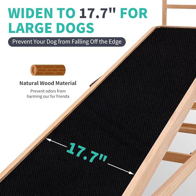 Dog Ramp, 5 Level Adjustable Height Folding Pet Ramp for High Bed, Portable Paw Ramps Large Bed Ramp for Medium & Large Old Dogs & Cats - Natural Wood Furniture Quality-PurrikoPets