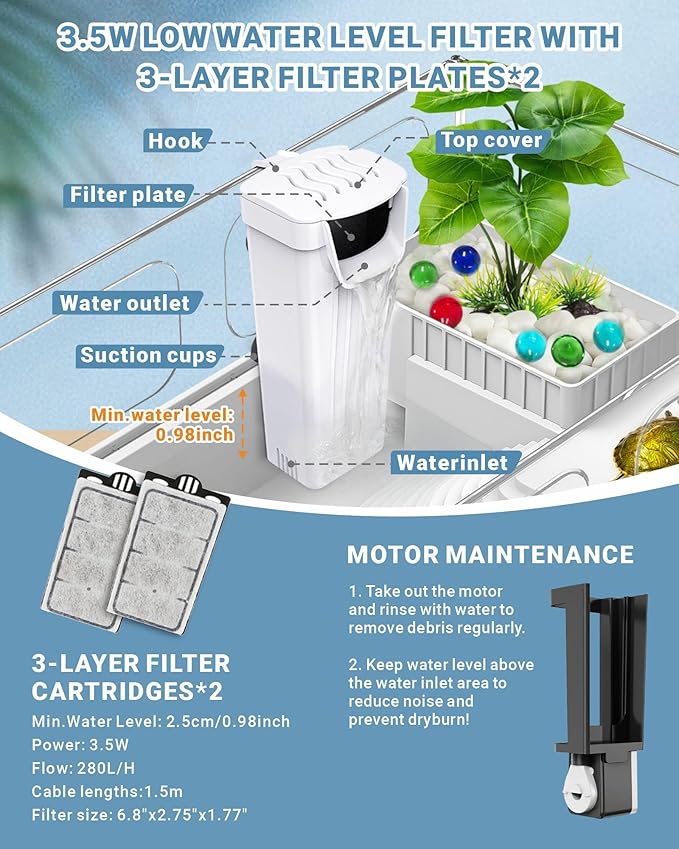 GOZILLA Small Turtle Tank Kit(Tank+Lamp+Filter), Acrylic Turtle Starter Kit with Adjustable Lamp, Reptile Habitat and Terrarium with Multi-Functional Areas for Small Reptiles. (White Kit)-PurrikoPets