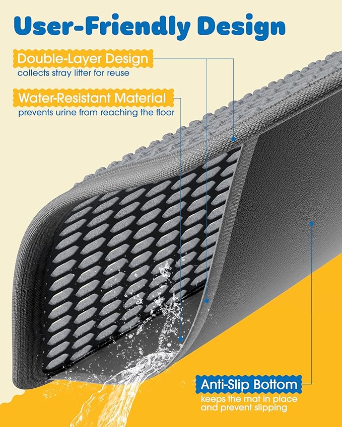 27" x 19" Cat Litter Mat - Large Litter Box Mat with Double Layers, Urine-Proof and Non-Slip Litter Trapping Mat, Easy to Clean Kitty Litter Mats for Floor, Scatter Control, Grey-PurrikoPets