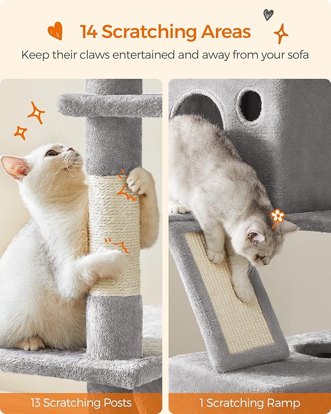Feandrea Cat Tree, 81.1-Inch Large Cat Tower with 13 Scratching Posts, 2 Perches, 2 Caves, Basket, Hammock, Pompoms, Multi-Level Plush Cat Condo for Indoor Cats, Light Gray UPCT190W01-PurrikoPets