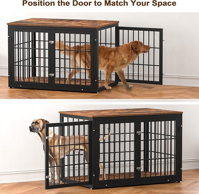 48 Inch Rustic Heavy Duty Dog Crate Furniture for Extra Large Dogs, Decorative Pet House End Table, Wooden Cage Kennel Furniture Indoor, Black and Brown-PurrikoPets